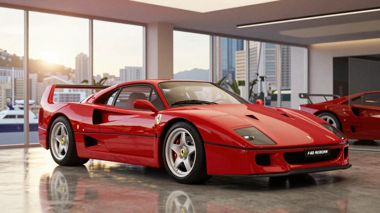 Carro esportivo vermelho Ferrari F40 estacionado em garagem com vista para cidade ao pôr do sol.