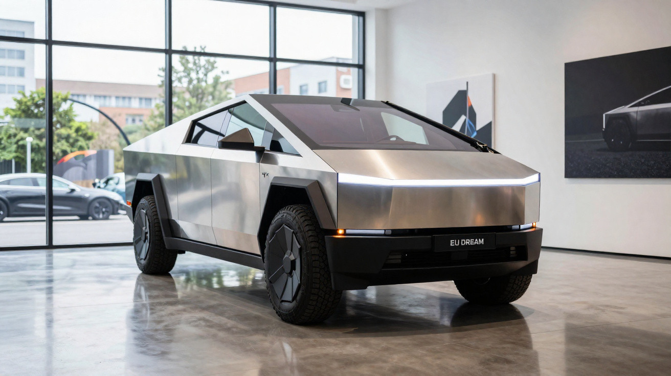 Carro elétrico futurista Tesla Cybertruck prata em exposição interna com volante à esquerda.