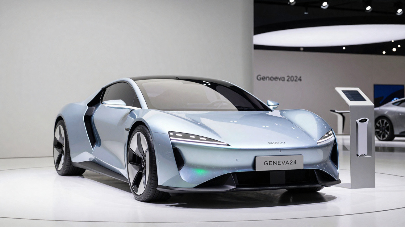 Carro esportivo elétrico prateado exibido em estande moderno de exposição automotiva.