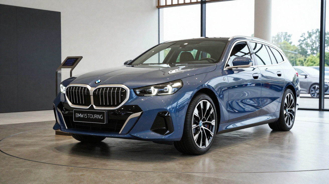 Carro BMW i5 Touring azul exibido em showroom com paredes de vidro ao fundo.