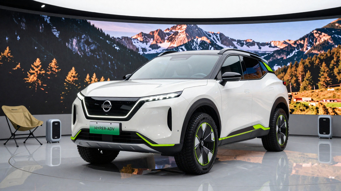 Carro elétrico Nissan branco com detalhes verdes exposto em ambiente com painel de montanhas ao fundo.