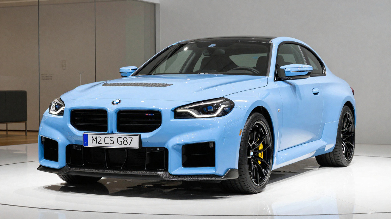 BMW M2 CS azul claro exibido em ambiente interno com rodas esportivas pretas e detalhes em amarelo.