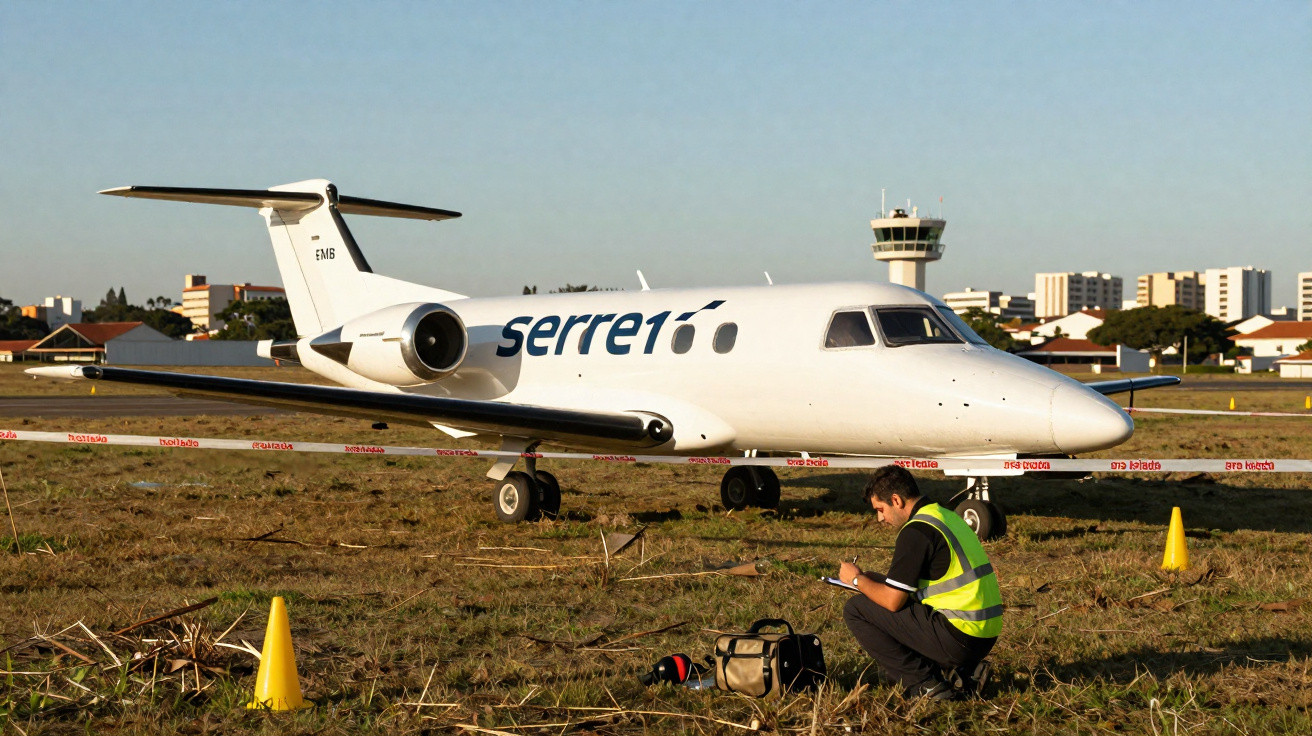 Avião branco estacionado em pista com homem de colete refletivo e torre de controle ao fundo.