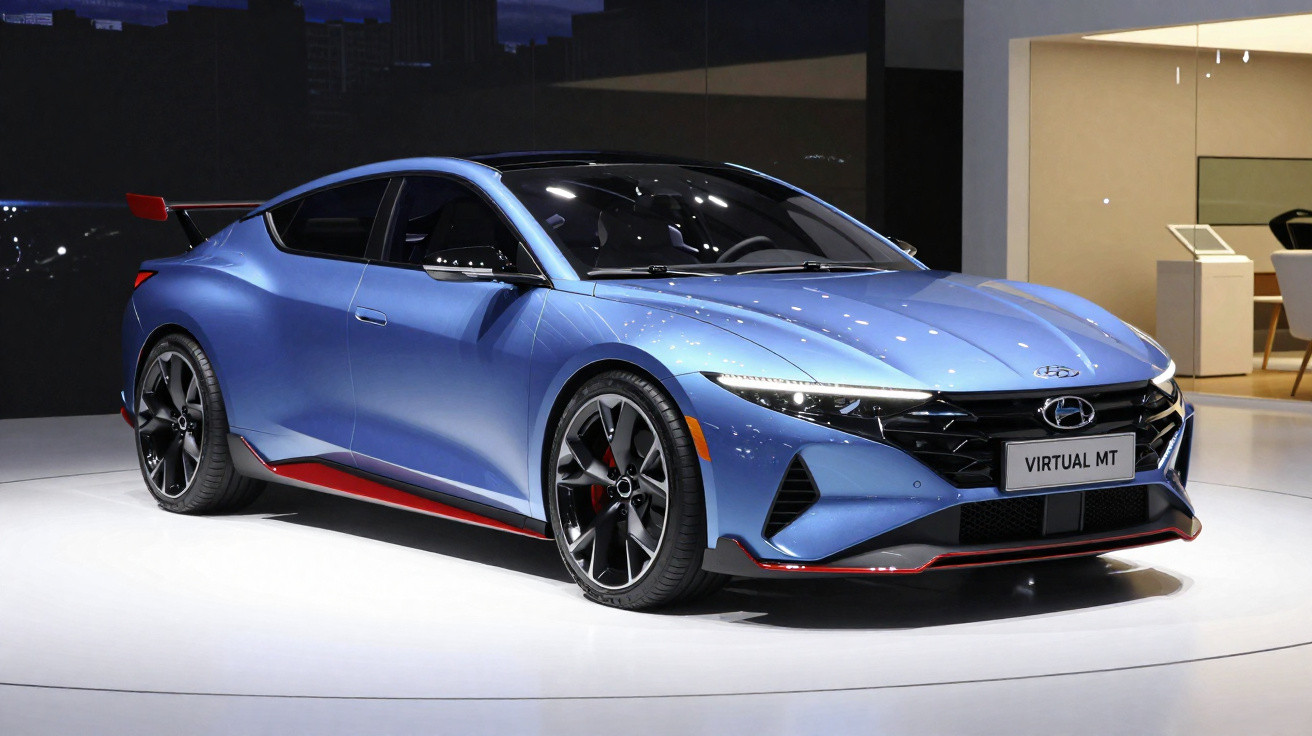 Carro esportivo azul metálico Hyundai Virtual MT exibido em sala de exposição moderna com iluminação suave.