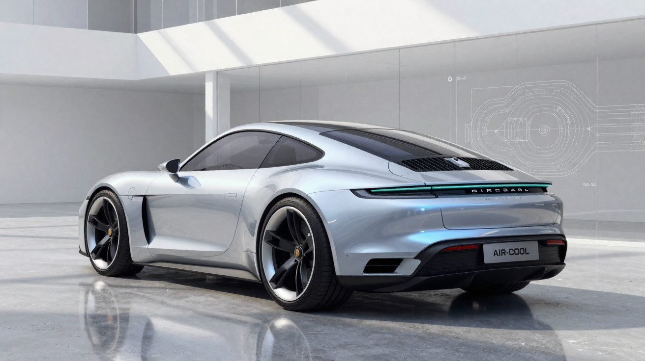 Carro esportivo prata moderno estacionado em showroom com design aerodinâmico e rodas grandes.