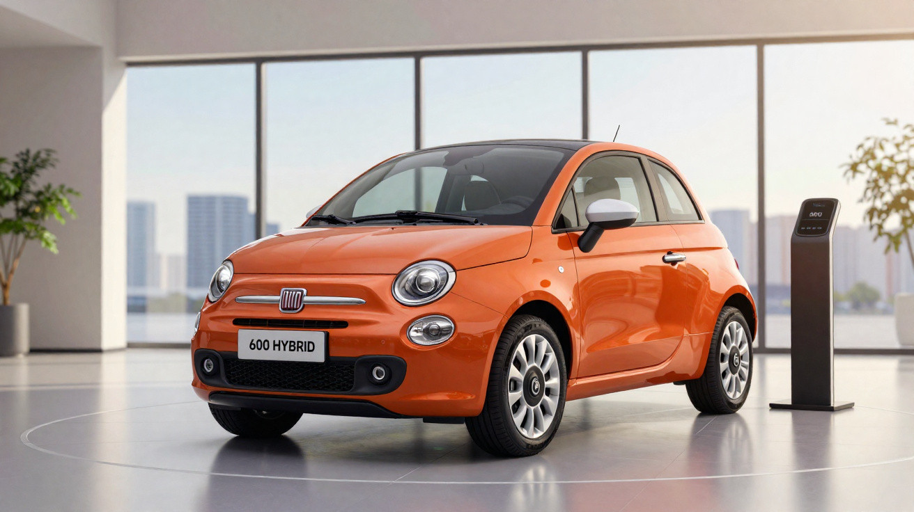 Carro compacto vermelho Fiat 600 Hybrid exibido em ambiente interno com espelhos retrovisores verdes.