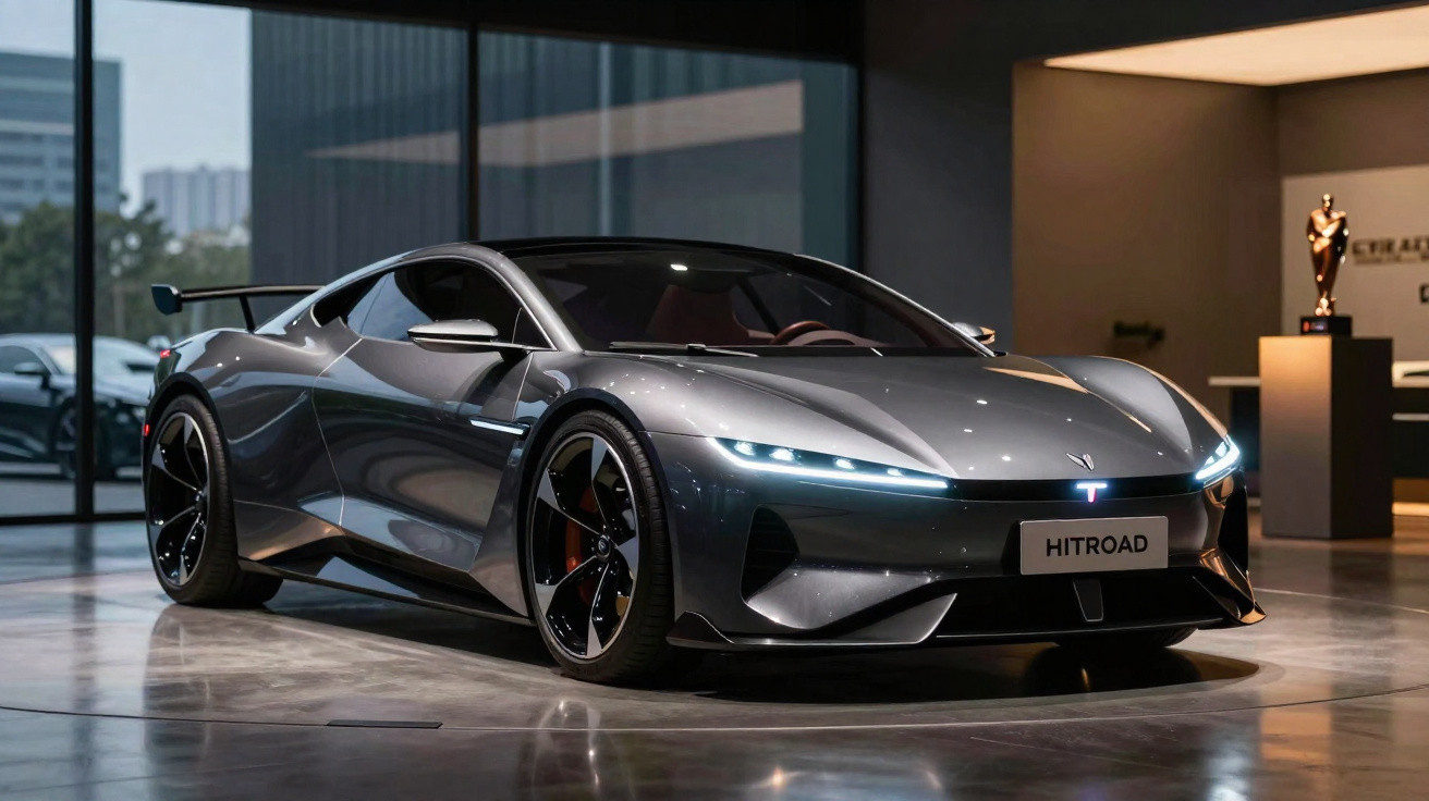 Carro esportivo elétrico cinza metálico exibido em ambiente interno moderno.