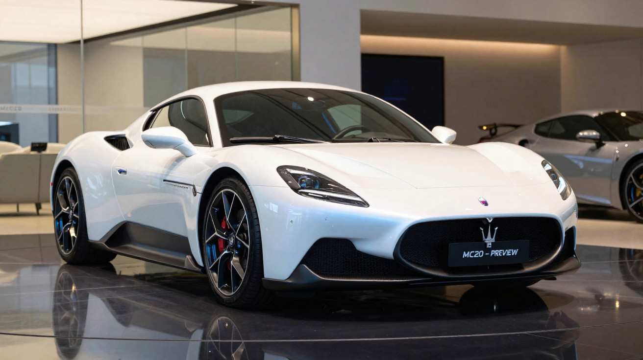 Carro esportivo branco Maserati MC20 exposto em showroom moderno com piso reflexivo e iluminação suave.