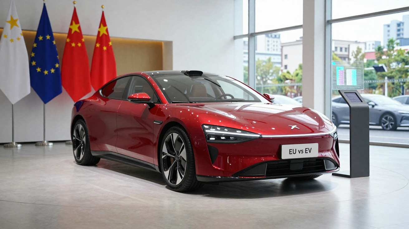 Carro esportivo vermelho elétrico exposto em salão com bandeiras da União Europeia, Guatemala e China ao fundo.