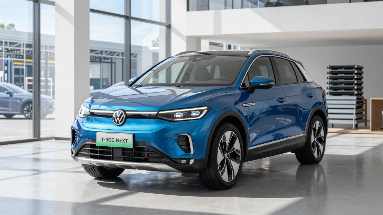 Carro SUV Volkswagen T-Roc Next azul exposto em showroom moderno com piso cinza.