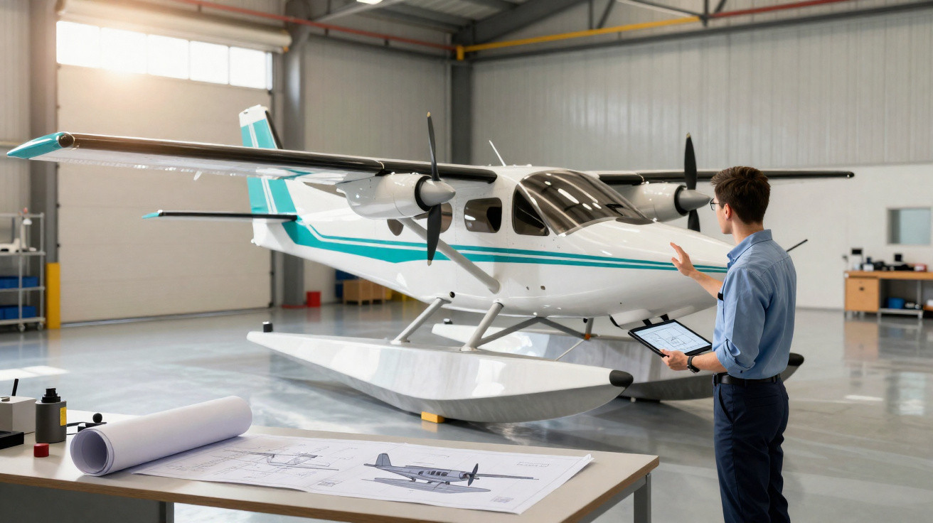 Engenheiro inspeciona avião anfíbio dentro de hangar com planta e maquete sobre a mesa.