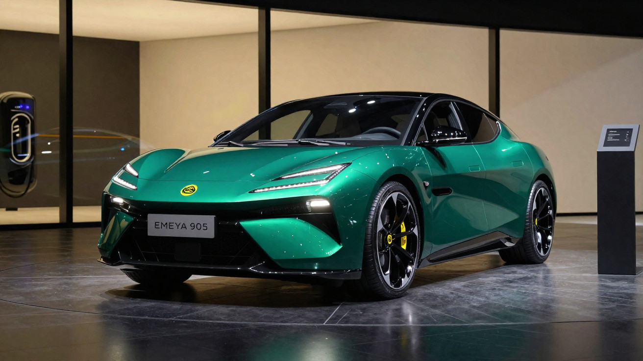 Carro esportivo elétrico verde em exposição interna, modelo Emeya 905 com iluminação moderna e rodas pretas.