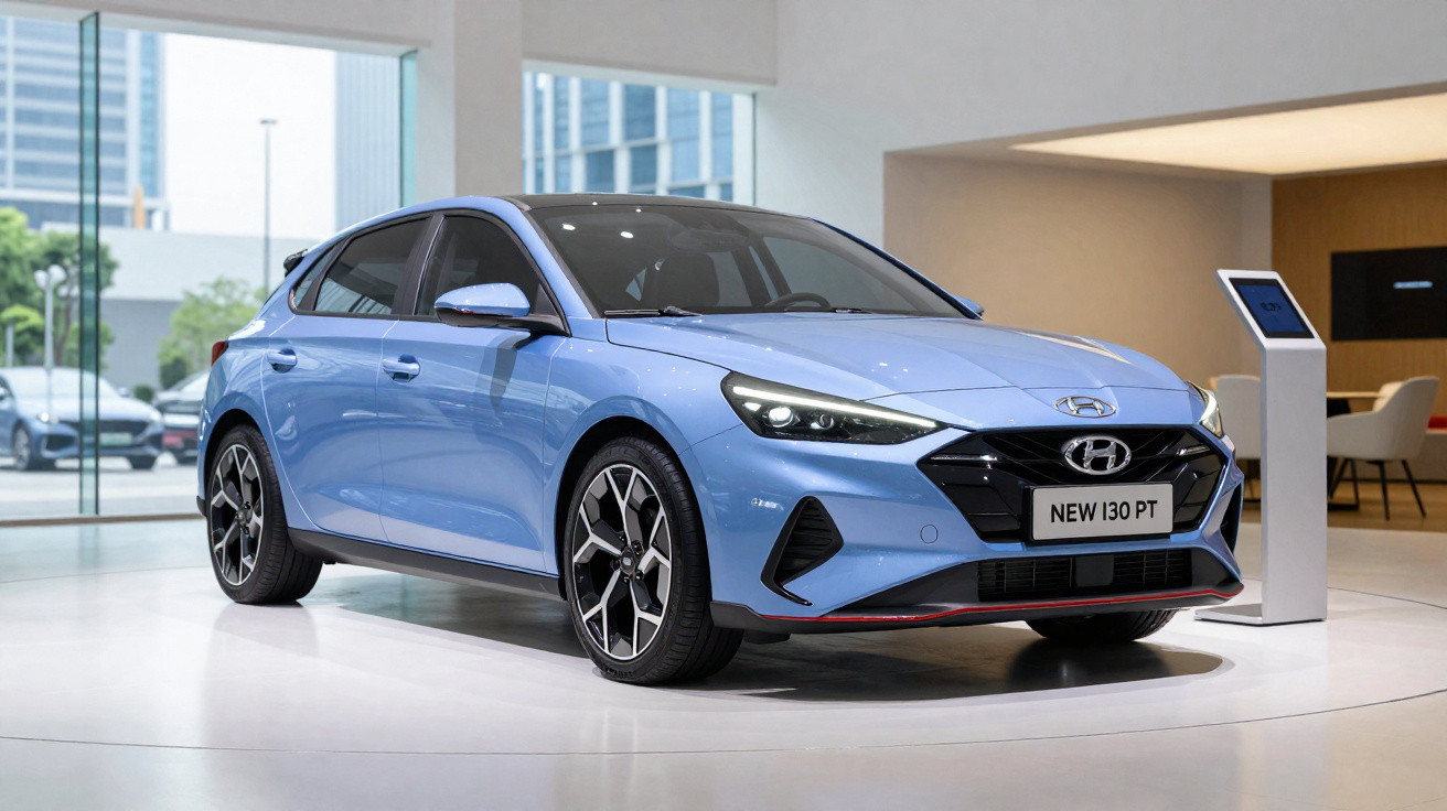 Carro Hyundai i30 na cor azul claro exposto em ambiente interno moderno, com rodas esportivas.