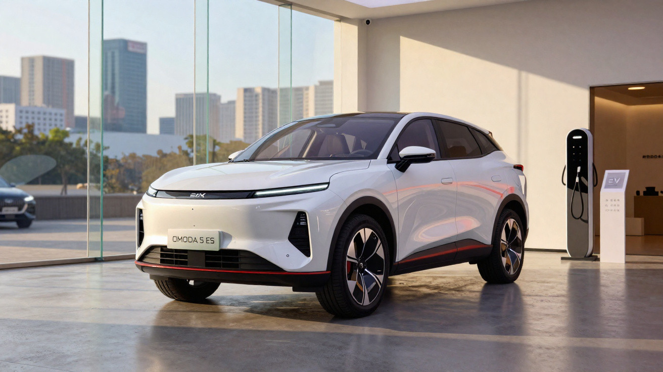 Carro elétrico branco Omoda 5 ES em salão moderno com parede de vidro e estação de recarga ao lado.