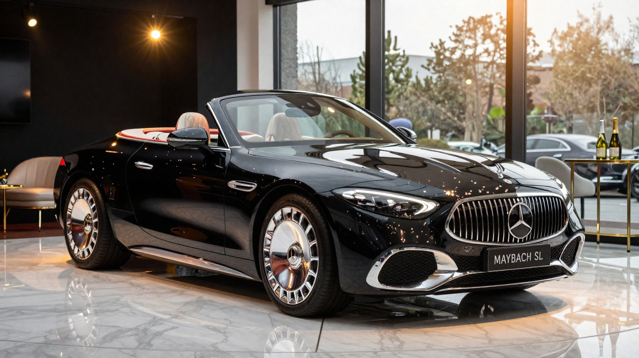 Carro conversível Mercedes-Maybach SL preto exibido em showroom moderno com interior bege.