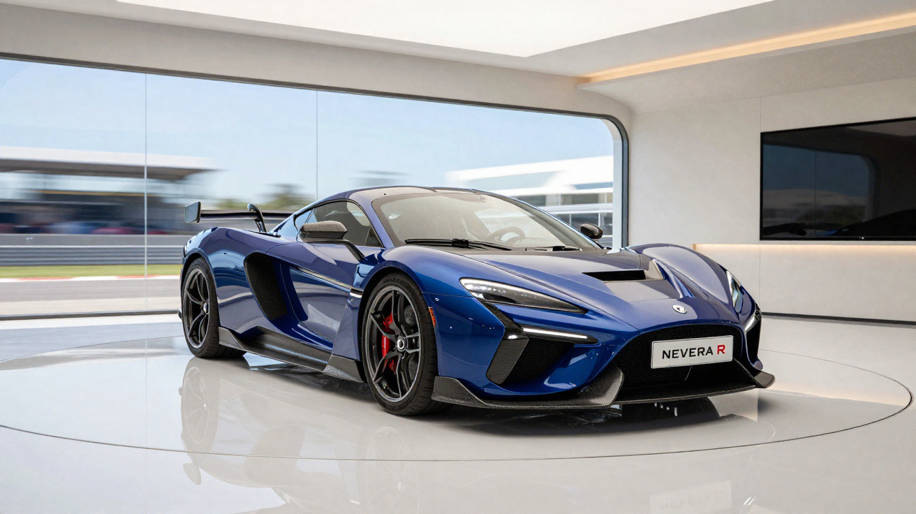Carro esportivo azul com detalhes pretos exibido em showroom moderno com piso branco e parede de vidro.