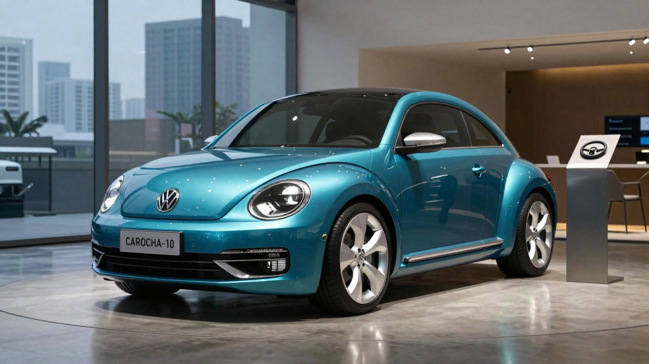Carro Volkswagen Fusca moderno azul turquesa exposto em showroom com placa Carocha-10.