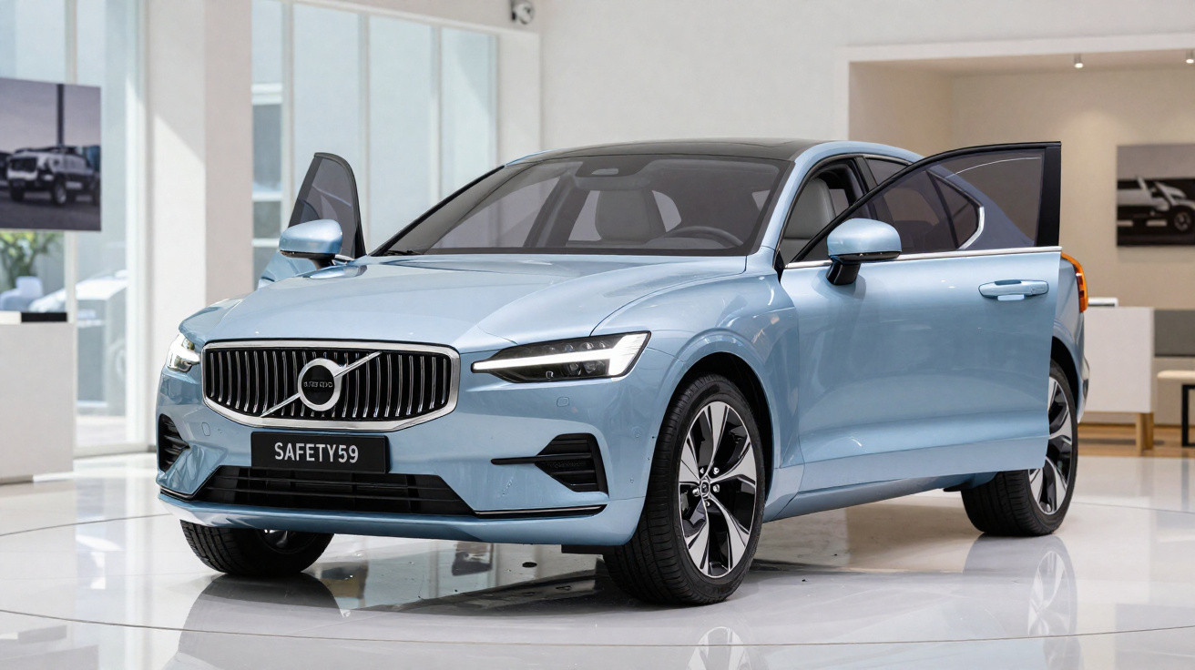 Carro azul claro Volvo exibido em ambiente interno, com porta dianteira aberta mostrando o interior.
