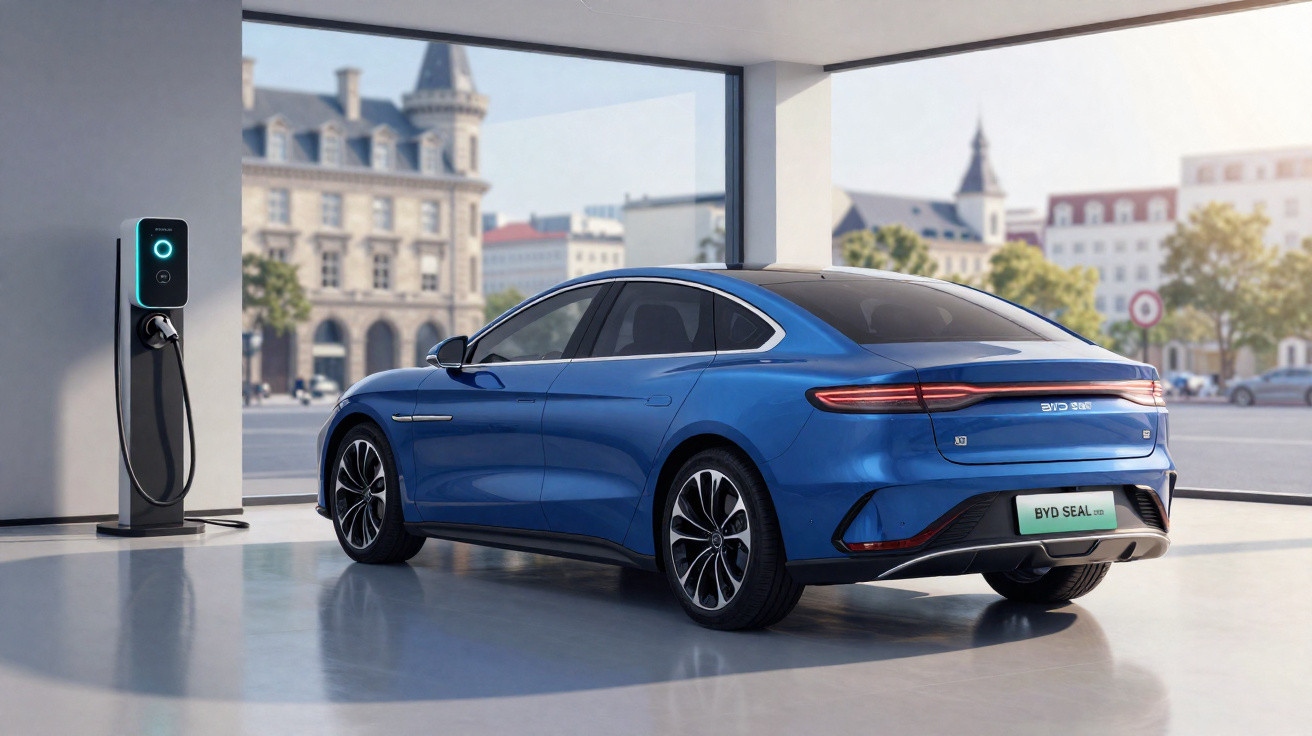 Carro elétrico azul sendo carregado em estação de recarga em ambiente interno moderno com janelas amplas.