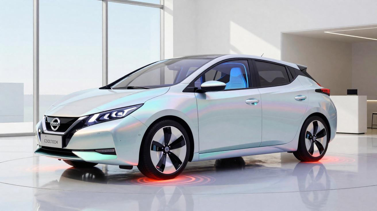 Carro elétrico Nissan Leaf brilhante em exposição, em ambiente interno bem iluminado, com interior azul visível.