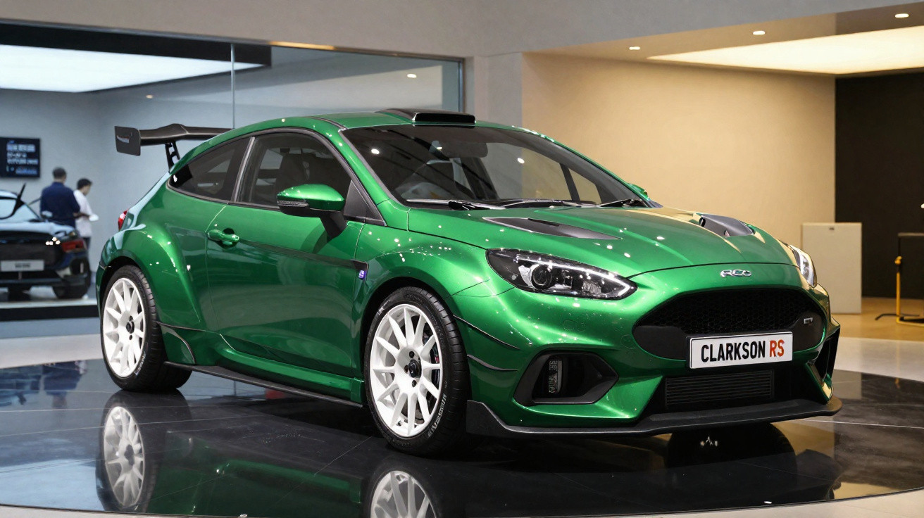 Carro esportivo verde com aerofólio grande em exposição interna, modelo Clarkson RS.