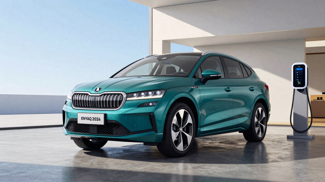 Carro elétrico verde modelo ENYAQ 2024 estacionado em garagem moderna com estação de recarga.