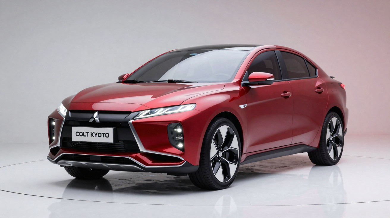 Carro Mitsubishi Colt Kyoto vermelho estacionado em ambiente interno com iluminação neutra.