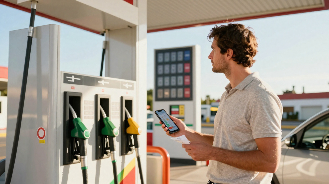 Homem usando celular e segurando comprovante em posto de gasolina ao lado de carro branco.