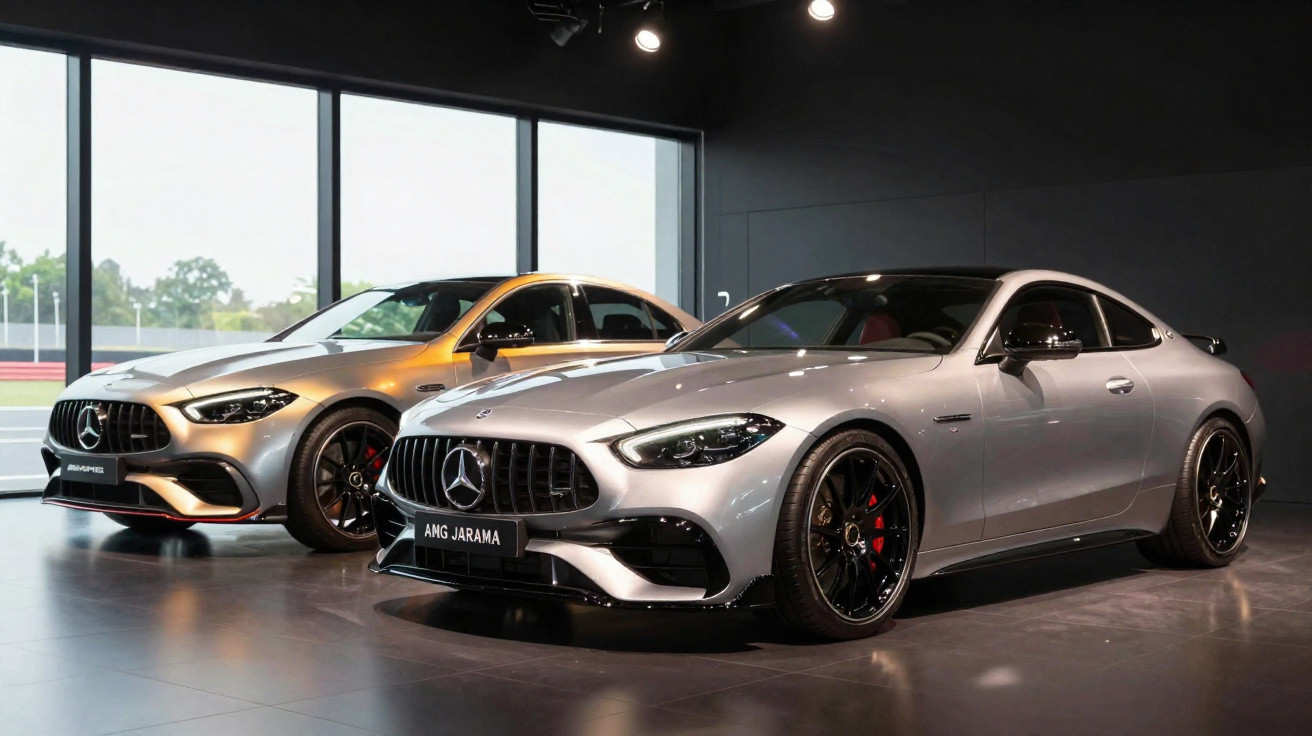 Dois carros Mercedes-Benz AMG prata expostos em showroom moderno com grandes janelas.
