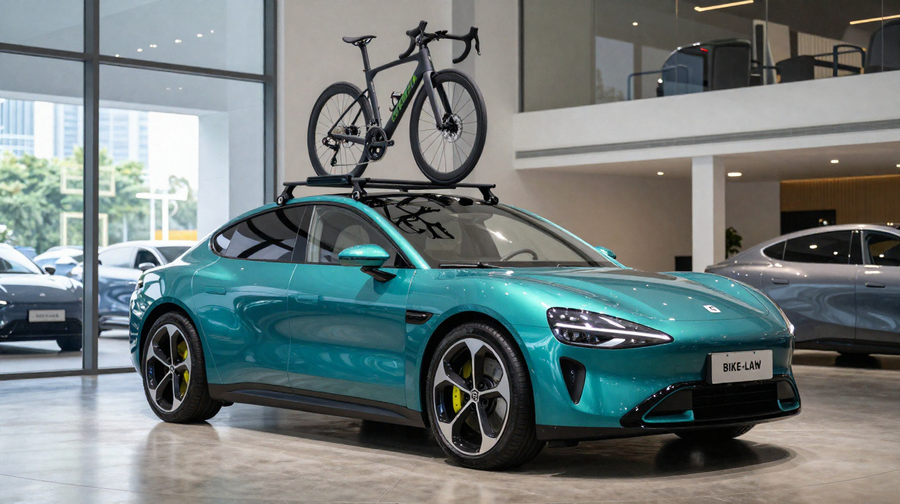 Carro elétrico verde água com bicicleta preta montada no teto, exibido em showroom moderno.
