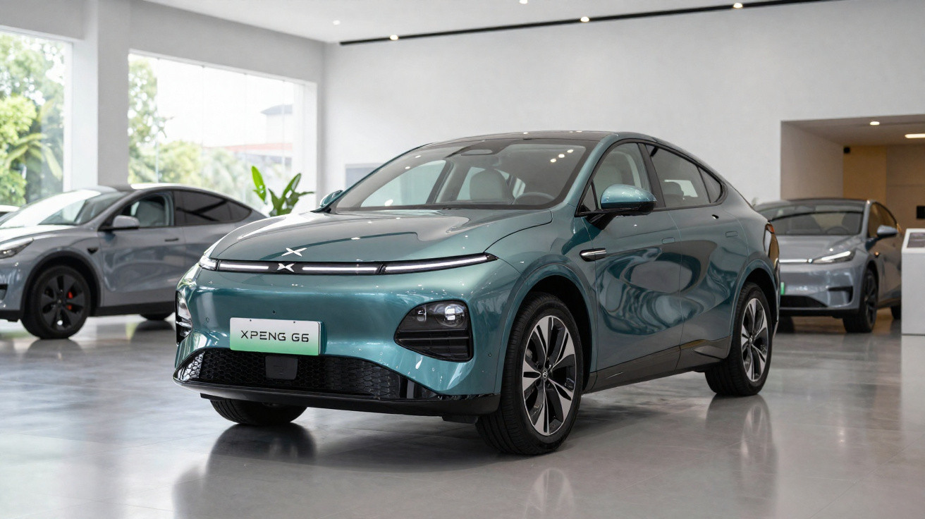 Carro elétrico XPeng G6 verde em exposição em ambiente interno moderno com outros veículos ao fundo.