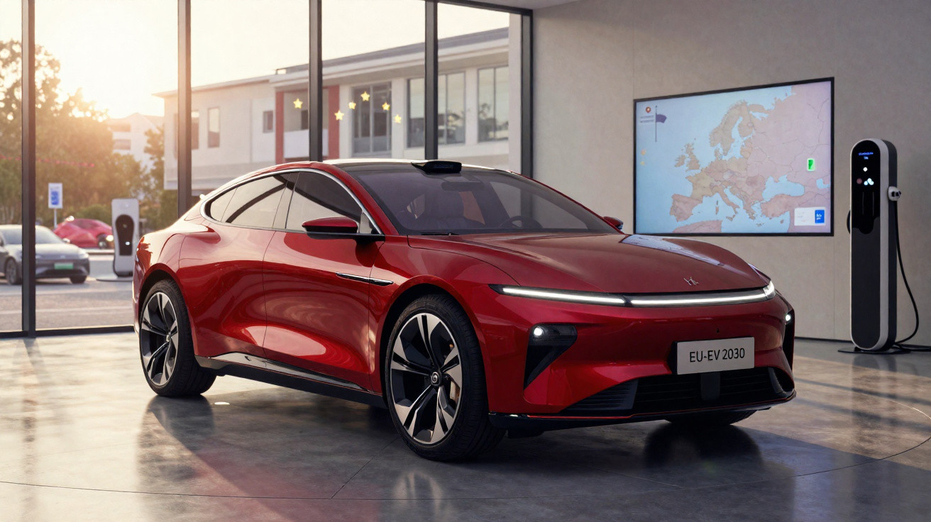 Carro elétrico vermelho moderno em exposição dentro de showroom com tela mostrando mapa da Europa ao fundo.