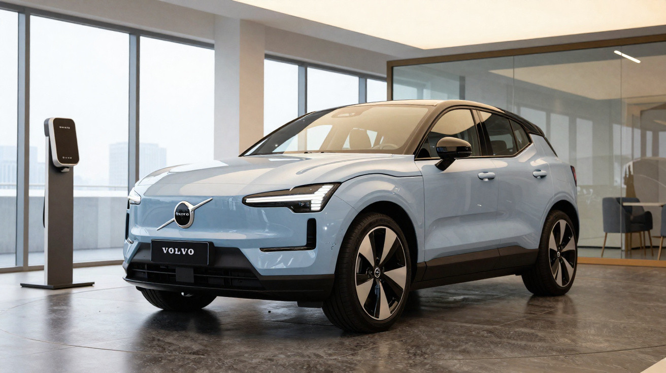 Carro elétrico Volvo EX30 EV azul claro em showroom moderno com carregador ao fundo.