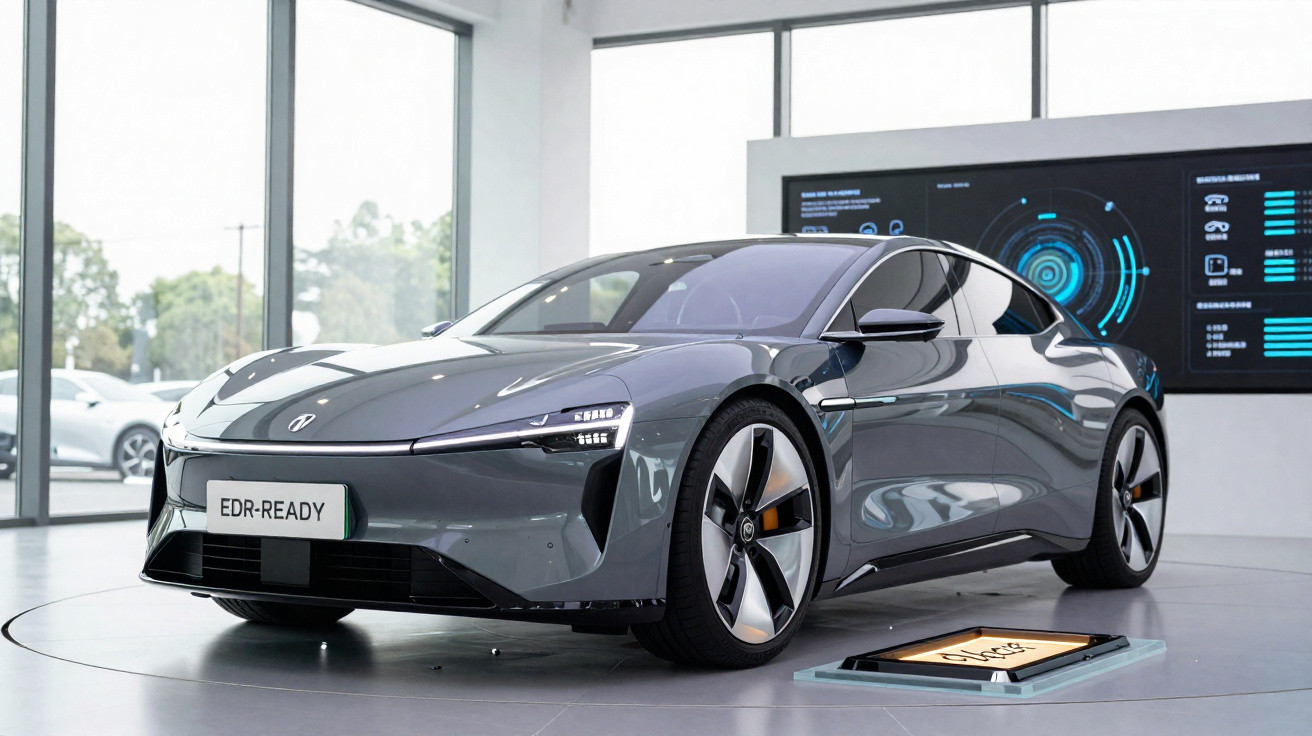 Carro elétrico esportivo cinza em exposição moderna com painéis digitais futuristas ao fundo.