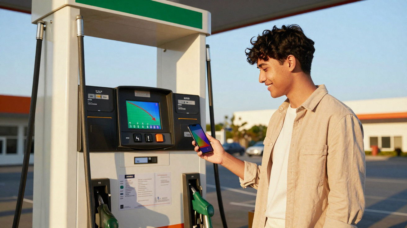 Jovem usando celular para pagamento em bomba de combustível em posto de gasolina ao ar livre.