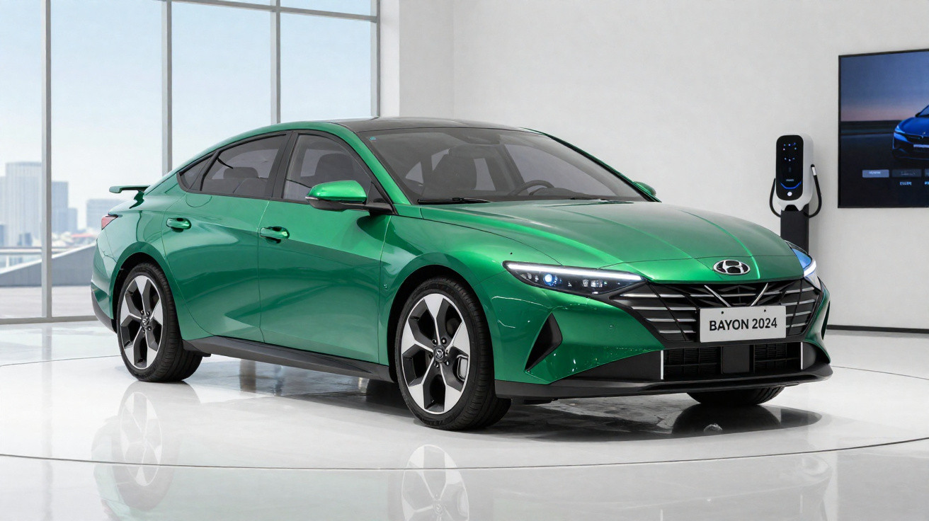 Carro Hyundai Bayon 2024 verde estacionado em showroom moderno com parede de vidro e carregador elétrico.