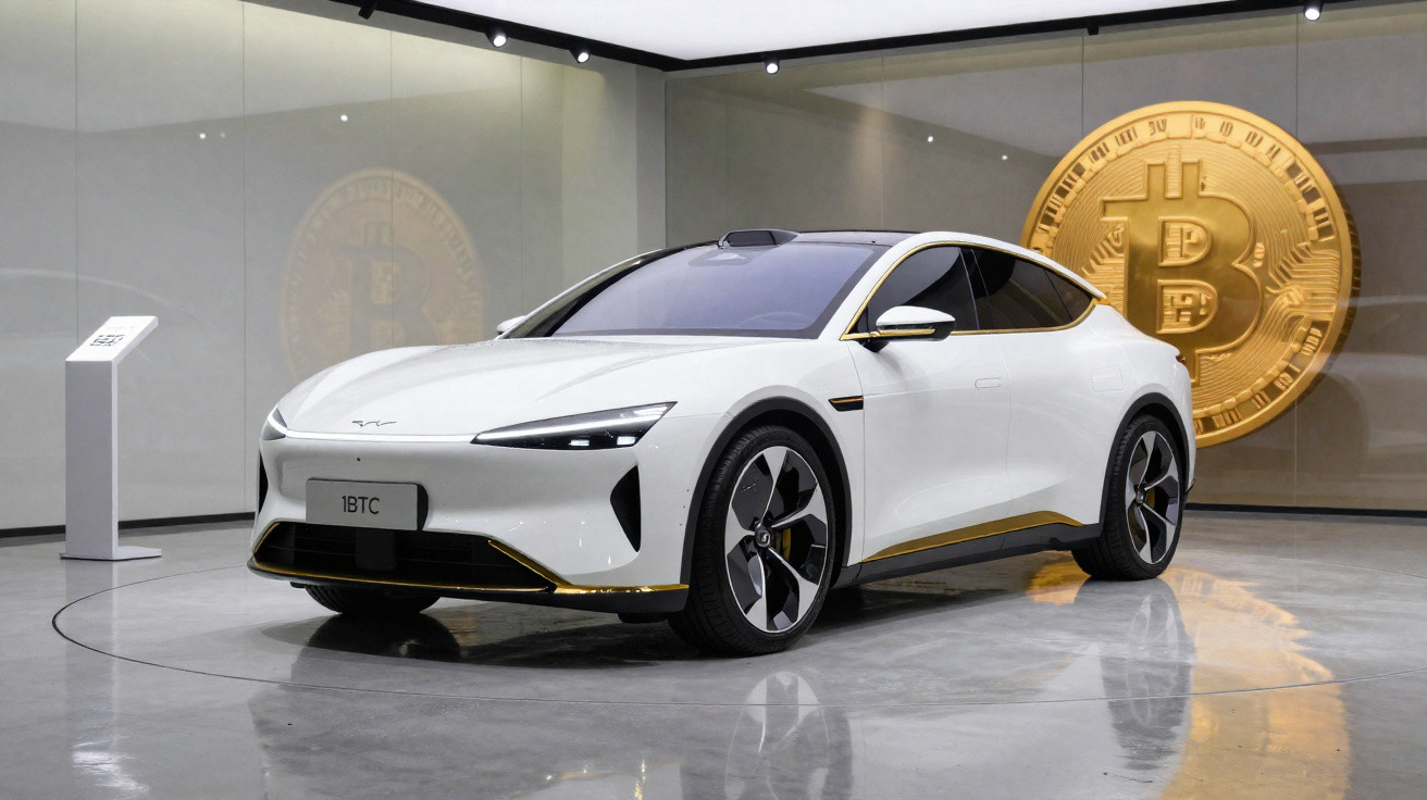 Carro elétrico branco expositor com design moderno em showroom com iluminação sofisticada e placa 1BTC.