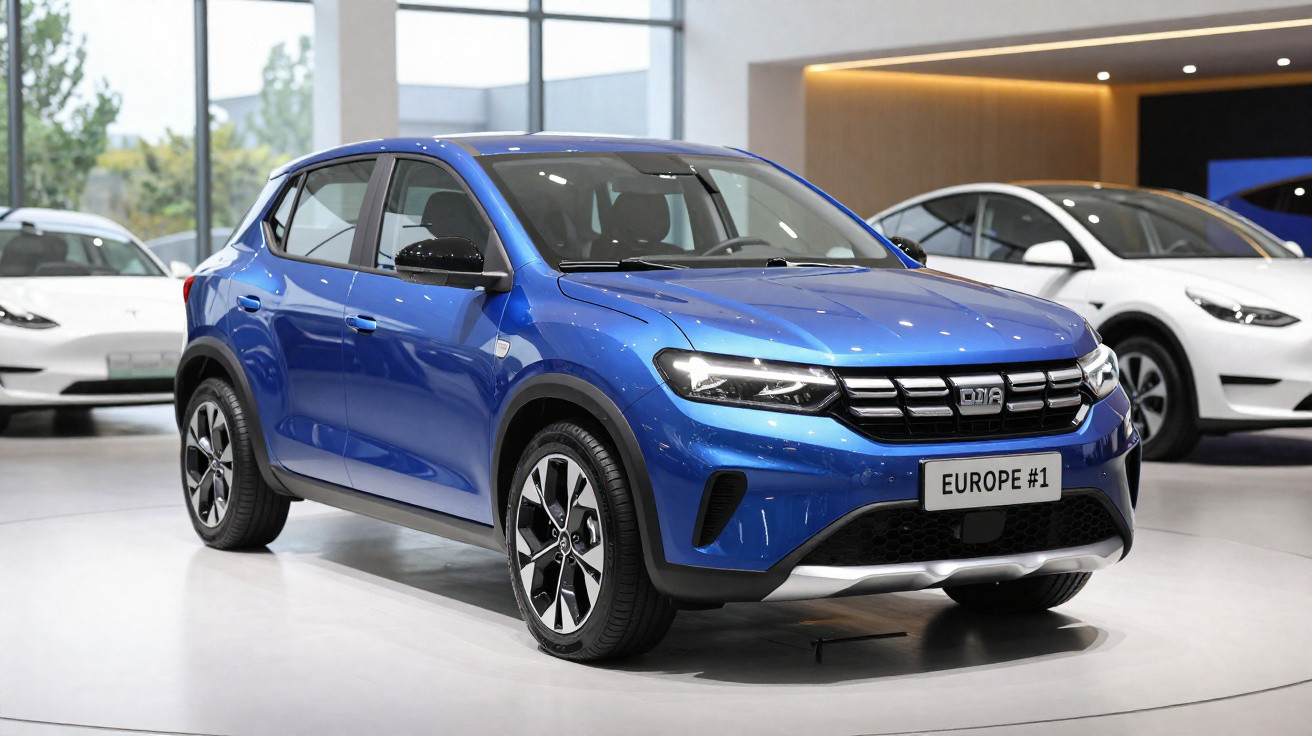 Carro SUV azul moderno exposto em salão, com espaço interno iluminado e outros veículos ao fundo.