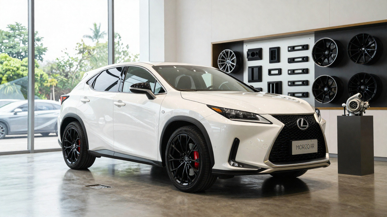 Carro branco Lexus NX 350 F Sport Premium em showroom com rodas pretas e freios vermelhos.