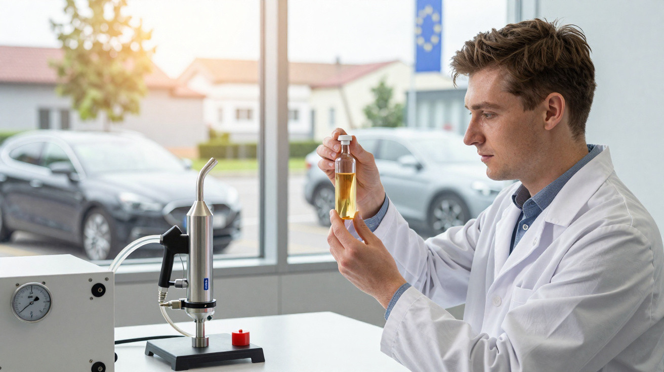 Pesquisador em laboratório analisando amostra líquida amarelada em tubo de ensaio.