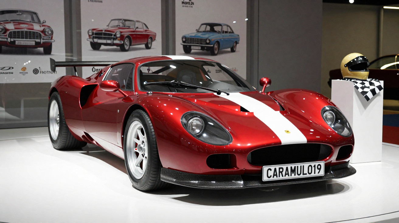 Carro esportivo vermelho com faixa branca central exposto em museu, equipado com aerofólio traseiro e rodas pretas.