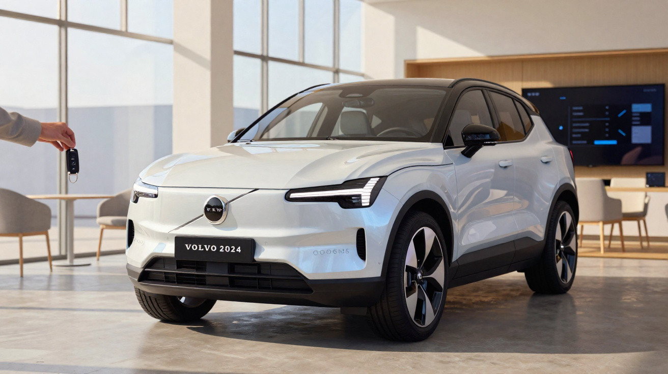 Volvo XC40 elétrico branco em showroom moderno com pessoa segurando controle remoto.