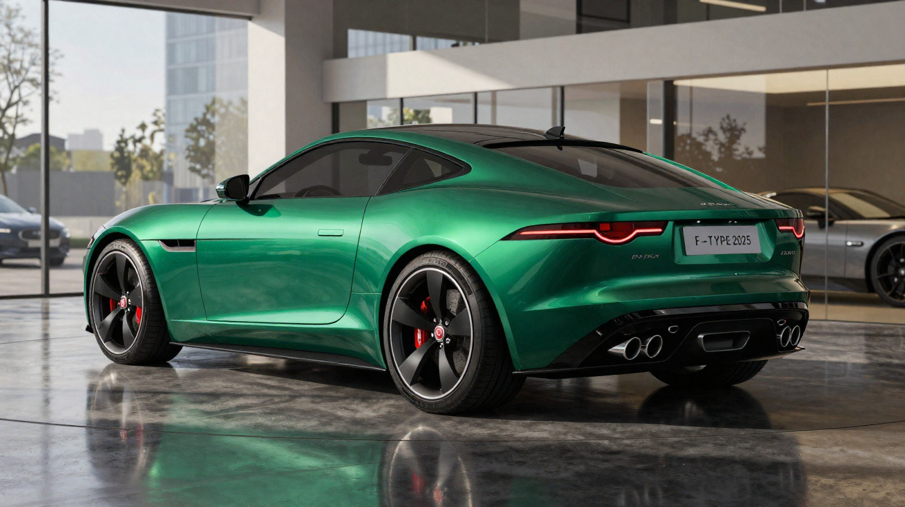 Carro esportivo verde Jaguar F-Type 2025 estacionado em showroom moderno e iluminado.