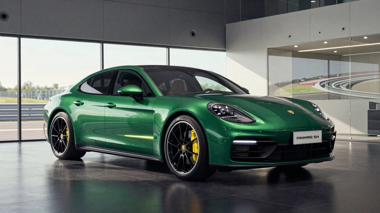 Carro esportivo Porsche Panamera 4H verde com teto preto em exposição interna moderna e iluminada.