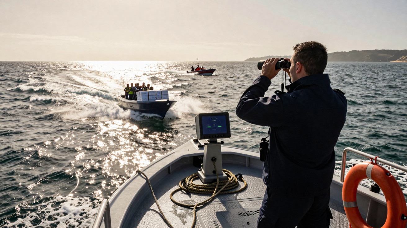 Homem em barco observa com binóculos outras embarcações próximas no mar agitado durante o dia.