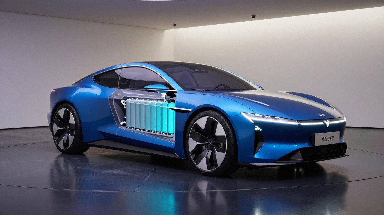Carro esportivo azul elétrico exposto em sala branca, exibindo bateria e componentes internos no painel lateral.