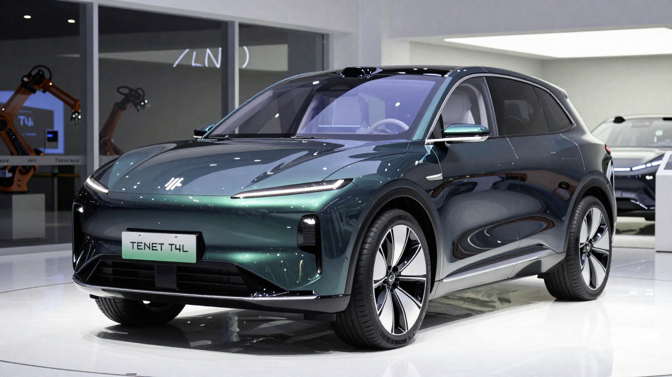 Carro elétrico cinza modelo Tenet T4L exposto em ambiente moderno com robôs industriais ao fundo.