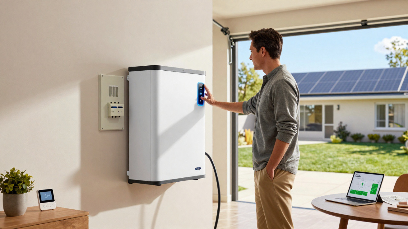 Homem ajusta bateria de energia em parede, casa com painéis solares ao fundo, ambiente moderno e claro.