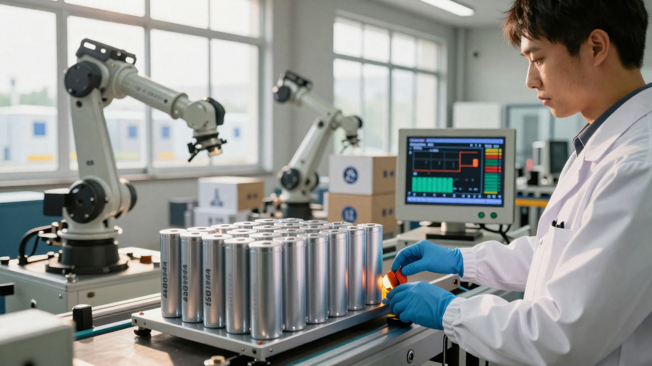 Homem com jaleco e luvas azuis inspeciona latas prateadas em linha de produção automatizada.