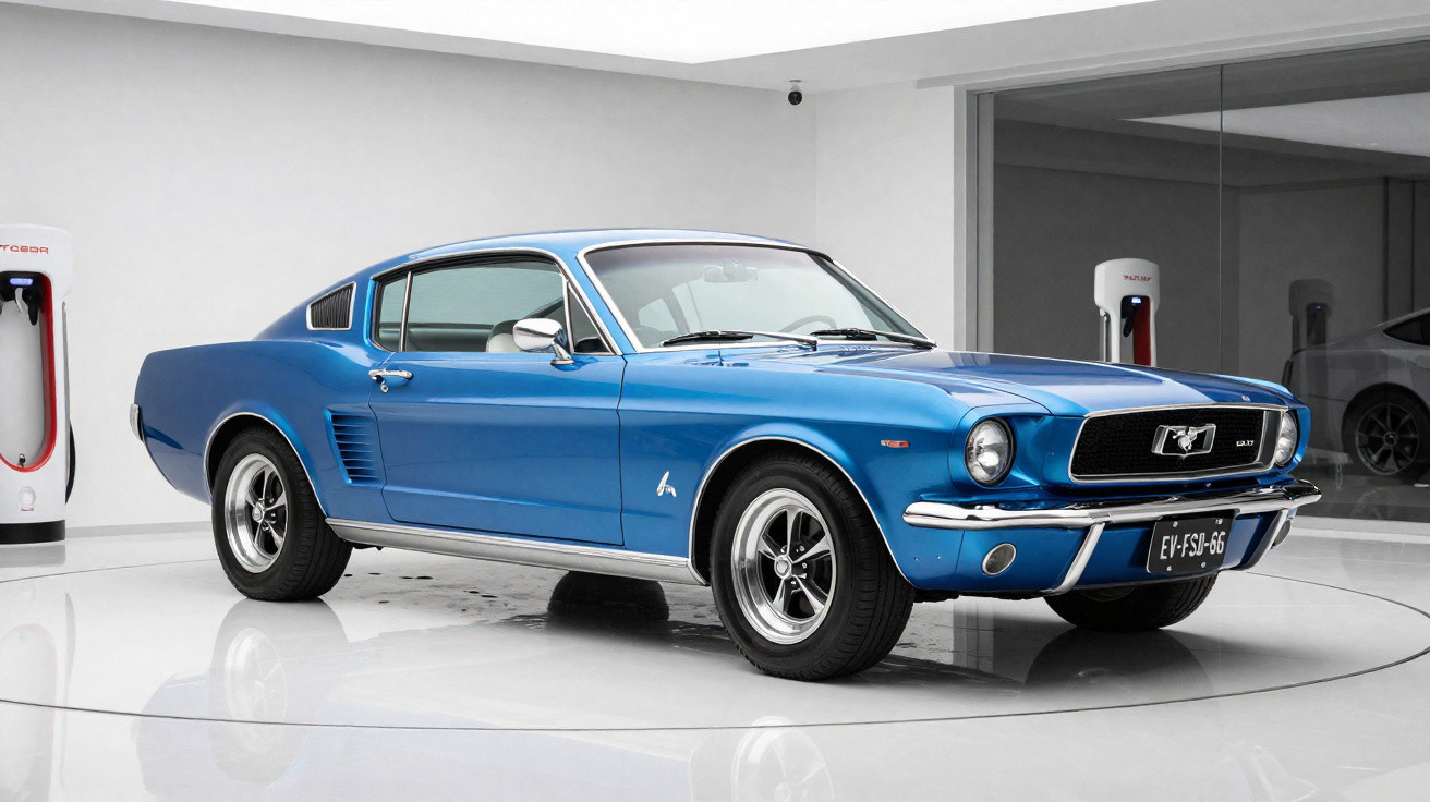 Carro clássico Ford Mustang azul estacionado em ambiente interno moderno com carregadores elétricos ao fundo.